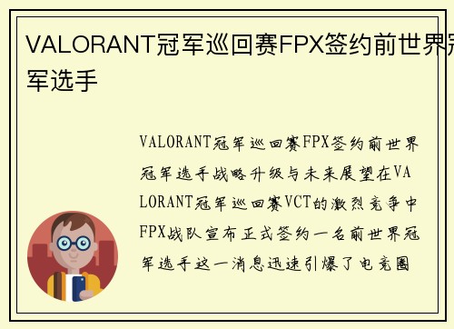 VALORANT冠军巡回赛FPX签约前世界冠军选手
