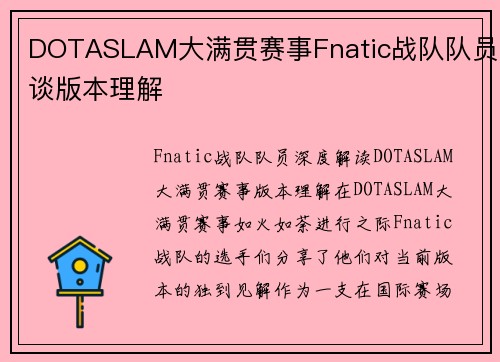 DOTASLAM大满贯赛事Fnatic战队队员谈版本理解