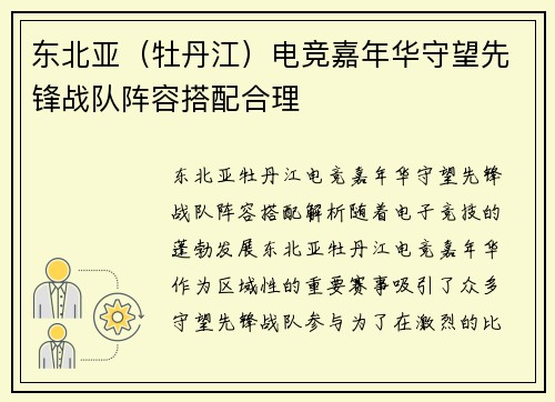 东北亚（牡丹江）电竞嘉年华守望先锋战队阵容搭配合理